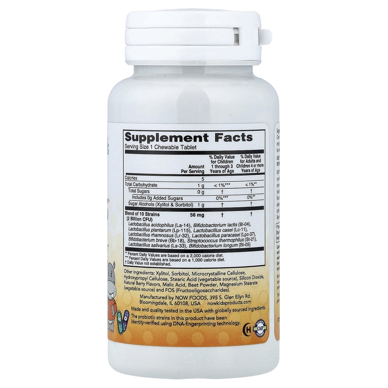 NOW Foods, 10 штаммов пробиотиков для детей, 60 жевательных таблеток