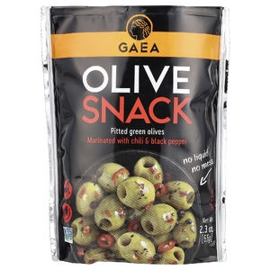 Gaea, Закуска из оливок, зеленые оливки без косточек, маринованные чили и черным перцем, 2,3 унции (65 г)