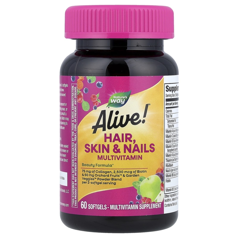Nature's Way, мультивитамины для волос, кожи и ногтей Alive!®, со вкусом клубники, 60 капсул
