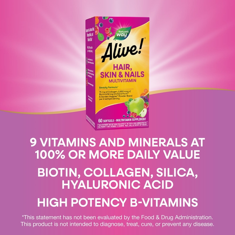 Nature's Way, мультивитамины для волос, кожи и ногтей Alive!®, со вкусом клубники, 60 капсул