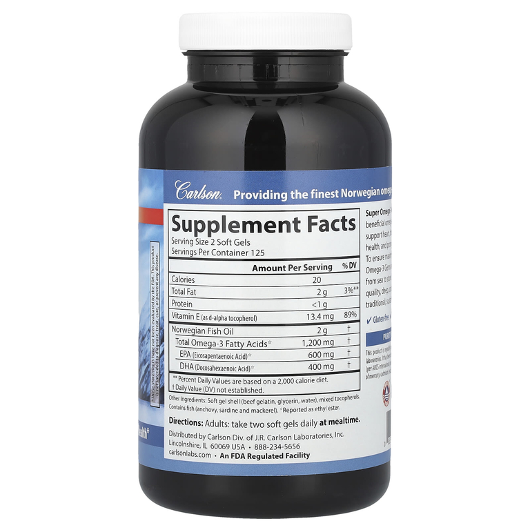 Carlson, высокоэффективные омега-3 кислоты из рыбы дикого улова, 250 желатиновых капсул