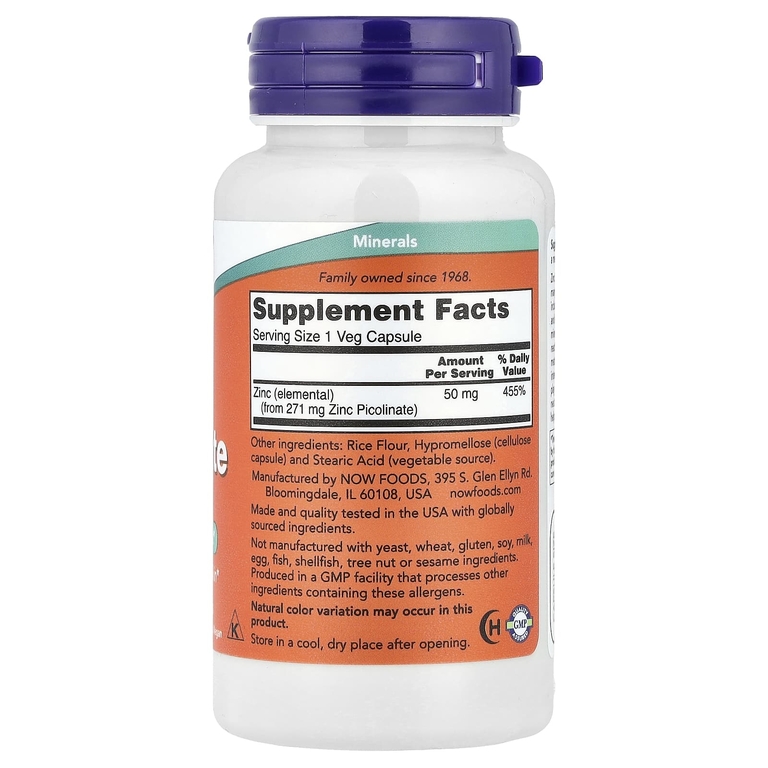 NOW Foods, пиколинат цинка, 50 мг, 120 растительных капсул