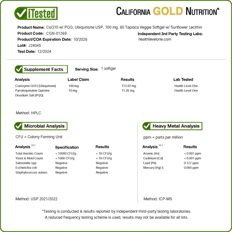 California Gold Nutrition, коэнзим Q10 с PQQ, убихинон класса USP, в растительных капсулах из тапиоки с подсолнечным лецитином, 100 мг, 60 растительных капсул
