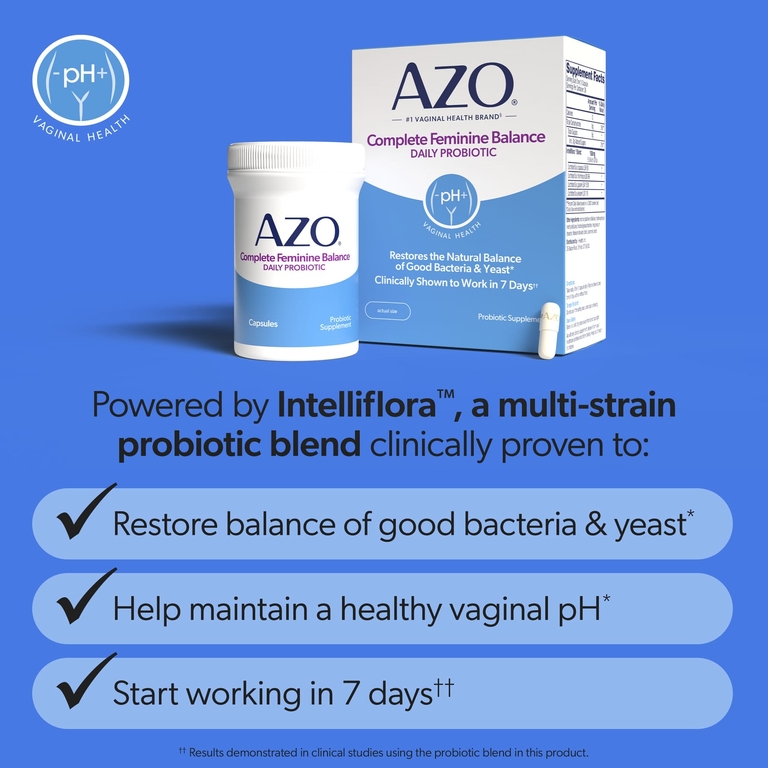 AZO, Complete Feminine Balance, пробиотик для ежедневного приёма, 5 млрд КОЕ, 30 капсул для приёма один раз в день