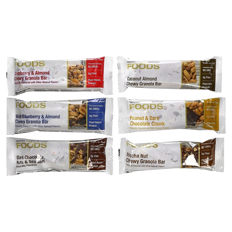 California Gold Nutrition, FOODS, батончики-снеки, ассорти вкусов, 12 батончиков по 40 г (1,4 унции)