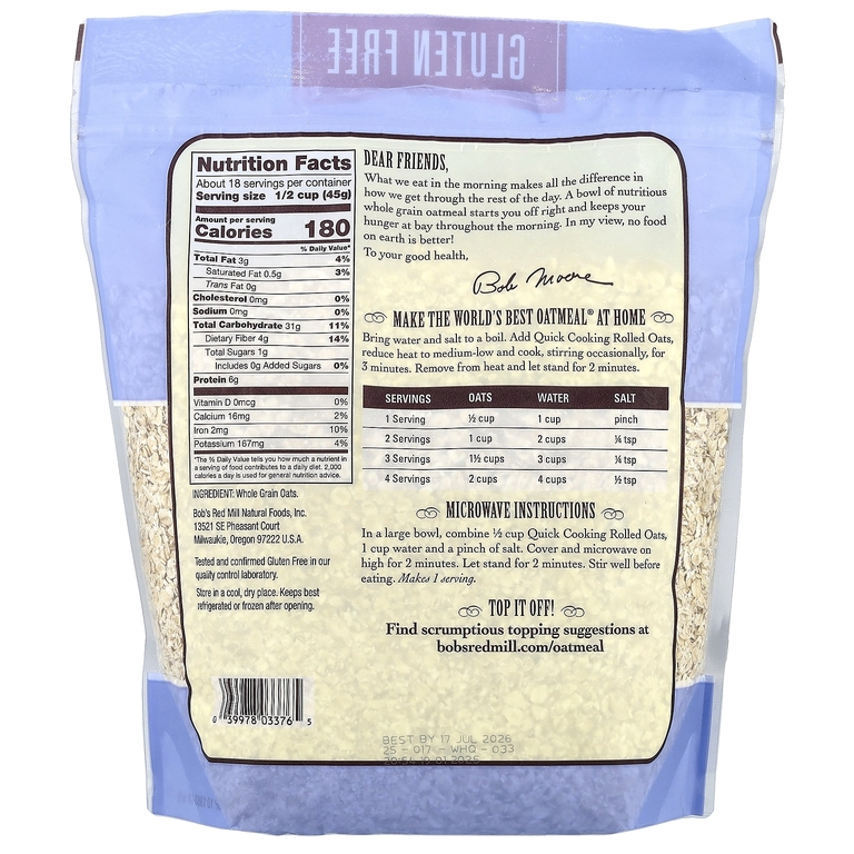 Bob's Red Mill, цельнозерновые овсяные хлопья быстрого приготовления, без глютена, 794 г (28 унций)