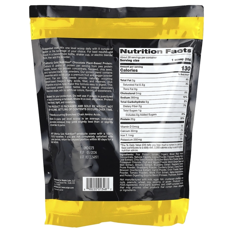 California Gold Nutrition, Sport, растительный протеин с концентратом протеина из органического коричневого риса, семенами льна и чиа, со вкусом шоколада, 907 г (2 фунта)
