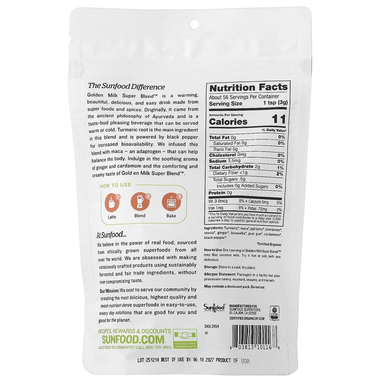 Sunfood, Organic Golden Milk Super Blend™, 170 г (6 унций)
