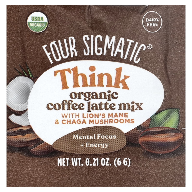Four Sigmatic, Focus, органический кофе латте с ежовиком гребенчатым и грибами чага, 10 пакетиков по 6 г (0,21 унции)