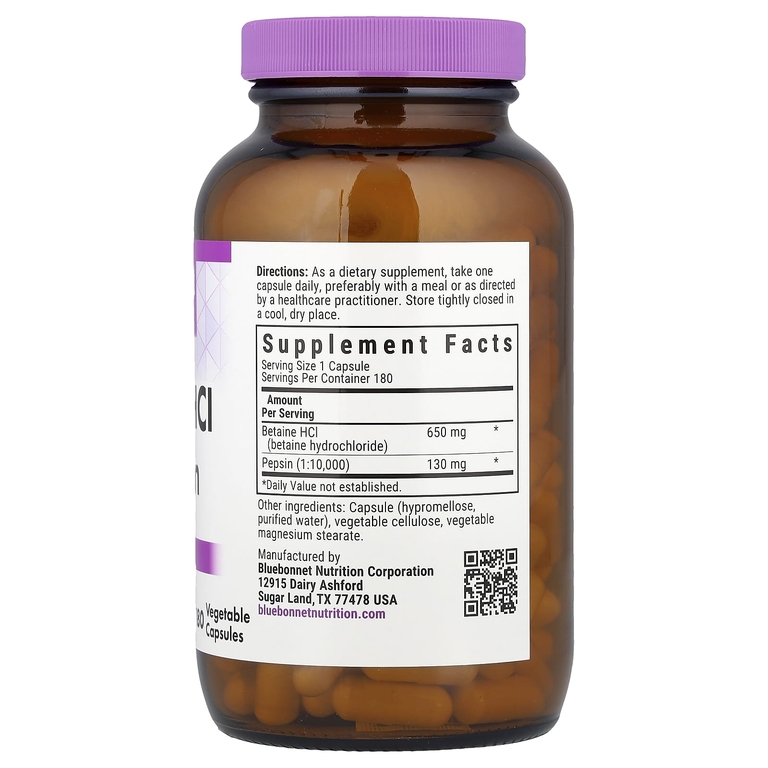 Bluebonnet Nutrition, Бетаина гидрохлорид, с пепсином, 180 растительных капсул
