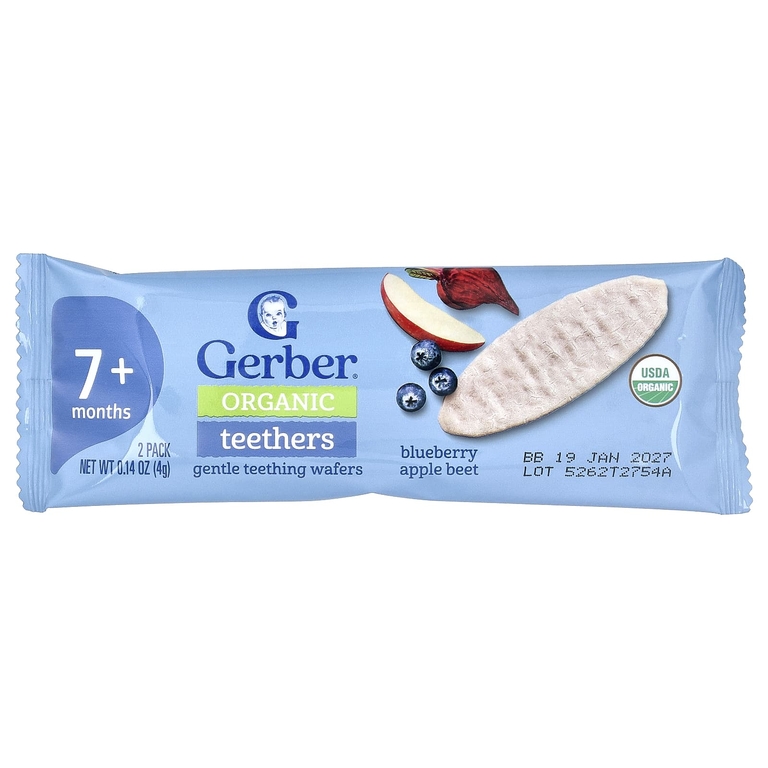 Gerber, органические прорезыватели, вафли для нежного прорезывания зубов, для детей от 7 месяцев, голубика, яблоко и свёкла, 12 пакетиков по 2 шт. в индивидуальной упаковке по 4 г (0,14 унции)