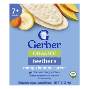 Gerber, органические прорезыватели, вафли для нежного прорезывания зубов, для детей от 7 месяцев, манго, банан и морковь, 12 пакетиков по 2 шт. в индивидуальной упаковке по 4 г (0,14 унции)