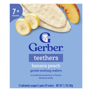 Gerber, вафли для прорезывания зубов, для детей от 7 месяцев, банан и персик, 12 пакетиков по 4 г (0,14 унции), по 2 вафли в пакетике