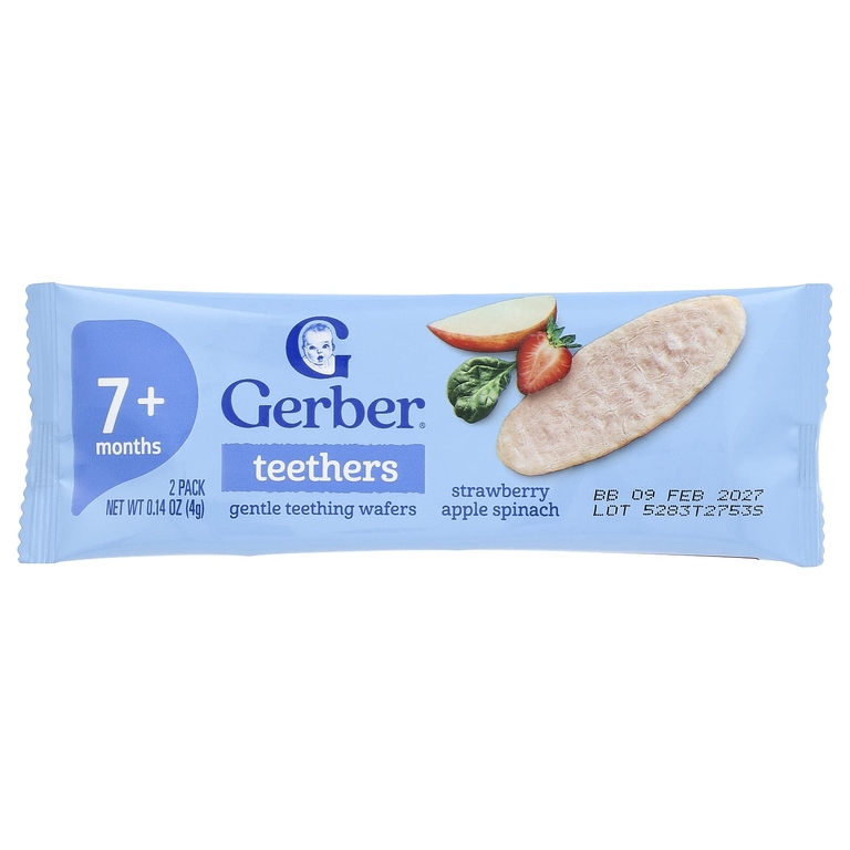 Gerber, прорезыватели, вафли для нежного прорезывания зубов, для детей от 7 месяцев, клубника, яблоко и шпинат, 12 пакетиков по 2 шт. в индивидуальной упаковке по 4 г (0,14 унции)