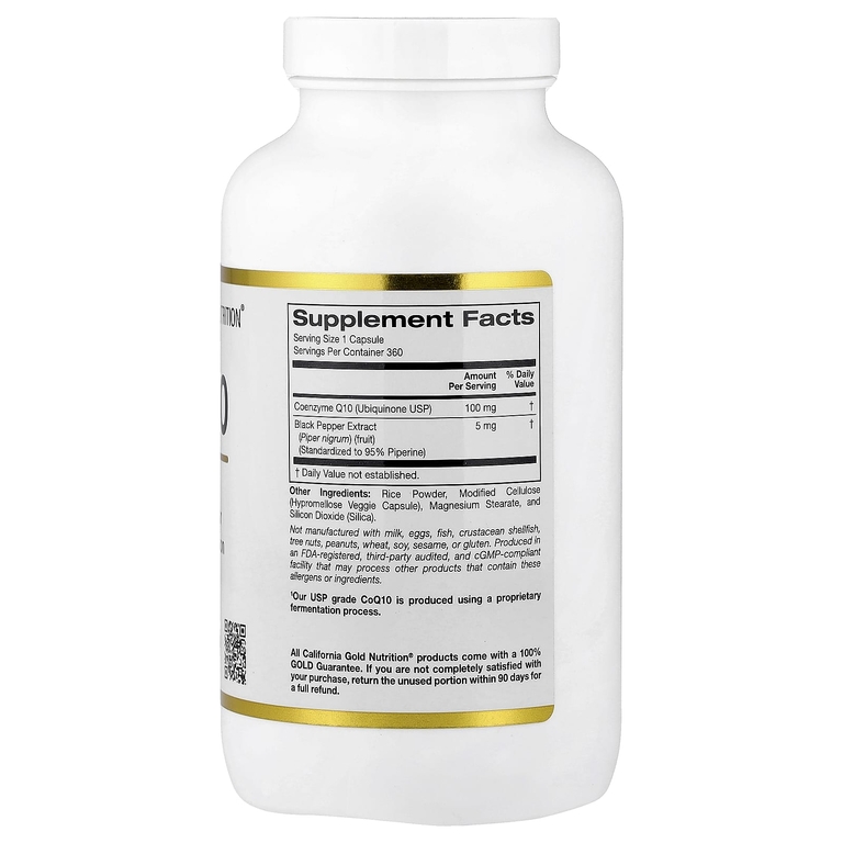 California Gold Nutrition, коэнзим Q10, убихинон класса USP с экстрактом чёрного перца Bioperine®, улучшенная биодоступность, 100 мг, 360 растительных капсул