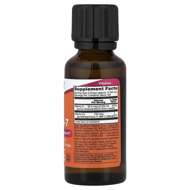 NOW Foods, Жидкий витамин D3 и MK-7, натуральная мята, 1 жидк. унция (30 мл)