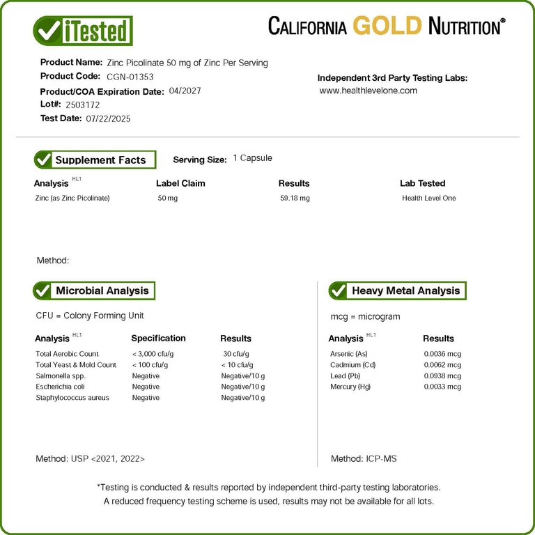 California Gold Nutrition, пиколинат цинка, 50 мг, 120 растительных капсул