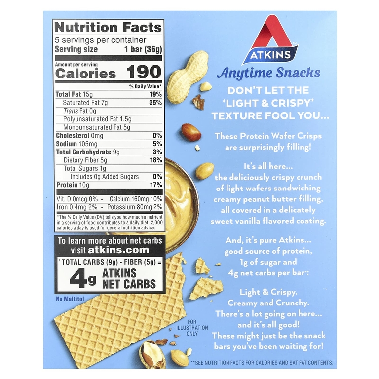 Atkins, Anytime Snacks, протеиновые вафли, с арахисовой пастой, 5 шт. по 36 г (1,27 унции)