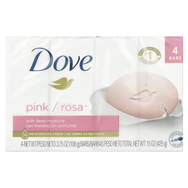 Dove, Мыло Beauty Bar с глубоким увлажнением, розовое, 4 насадки по 4 унции (113 г) каждая