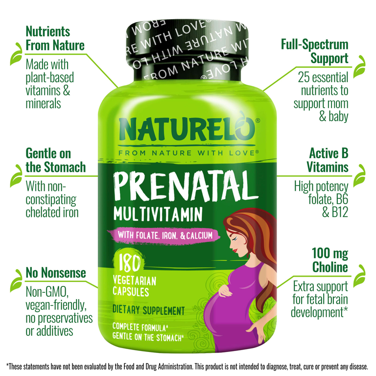 NATURELO, мультивитамины для беременных с фолатом, железом и кальцием, 180 вегетарианских капсул