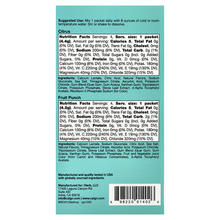 California Gold Nutrition, HydrationUP®, смесь для приготовления напитка с электролитами, с лактатом кальция, витаминами C и E, ассорти вкусов, 20 пакетиков по 4–4,8 г (0,14–0,17 унции)