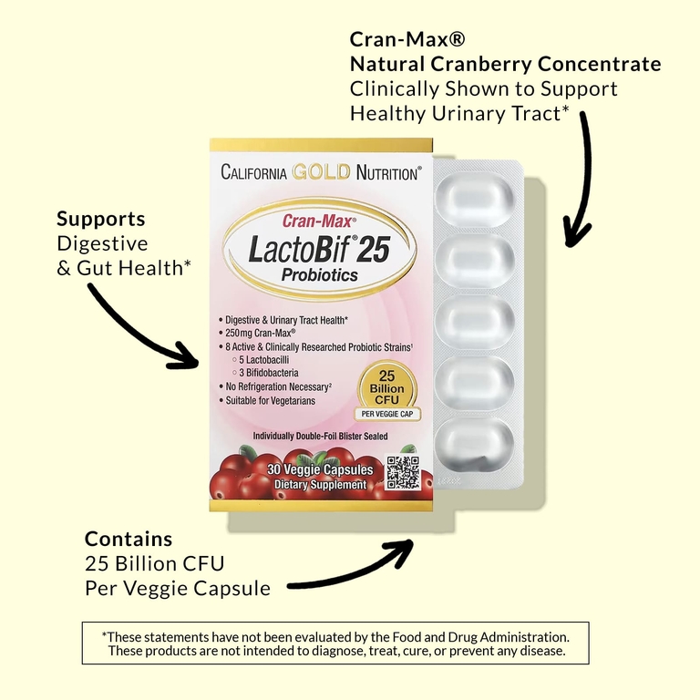 California Gold Nutrition, CranMax®, LactoBif®, пробиотики, 25 млрд КОЕ, 30 растительных капсул