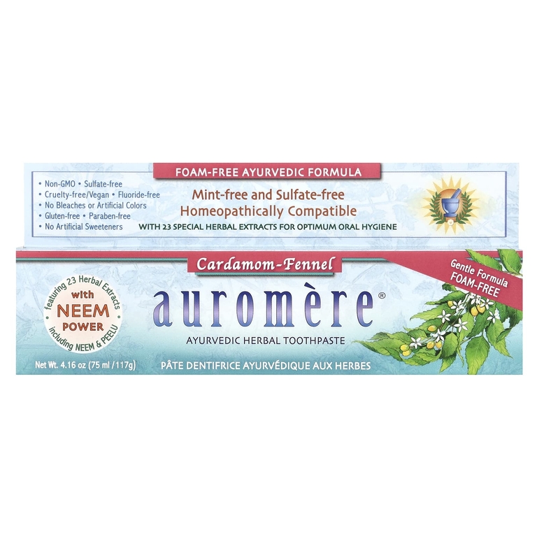 Auromere, аюрведическая травяная зубная паста, без пены, кардамон и фенхель, 117 г (4,16 унции)