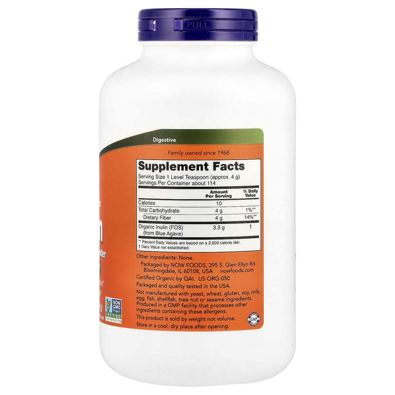 NOW Foods, сертифицированный органический инулин, порошок из чистого пребиотика, 454 г (1 фунт)