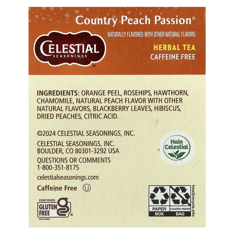 Celestial Seasonings, травяной чай с персиком, без кофеина, 20 чайных пакетиков, 41 г (1,4 унции)