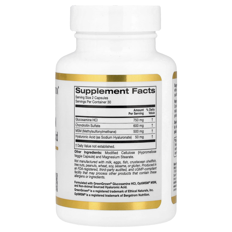 California Gold Nutrition, глюкозамин, хондроитин и МСМ с гиалуроновой кислотой, 60 растительных капсул