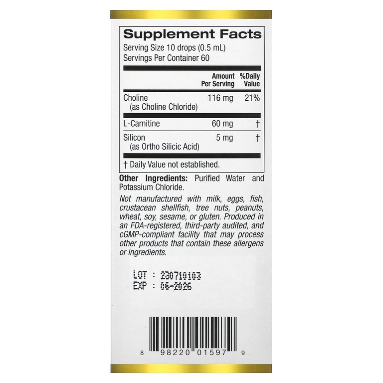 California Gold Nutrition, комплекс с холином и диоксидом кремния, биодоступный и стабилизированный кремний с холином и L-карнитином, 30 мл (1 жидк. унция)