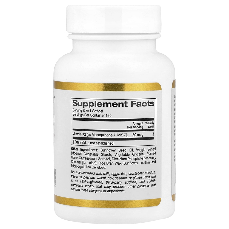 California Gold Nutrition, витамин K2 (в виде менахинона-7), 50 мкг, 120 растительных капсул