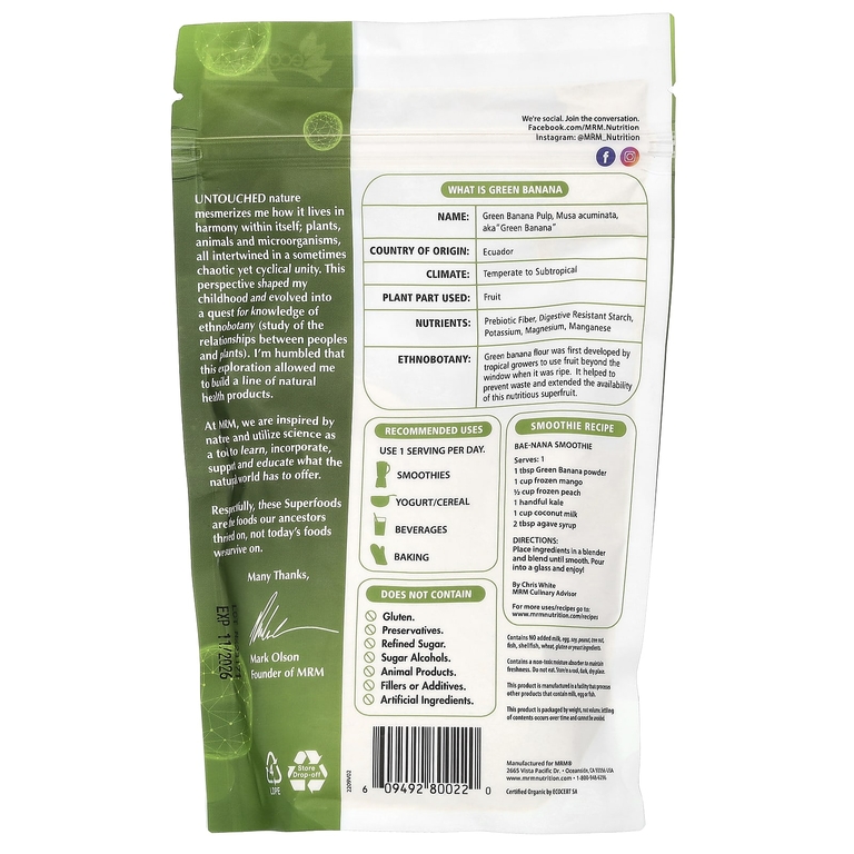 MRM Nutrition, органический порошок из зеленого банана, 240 г (8,5 унции)