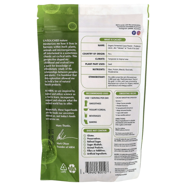 MRM Nutrition, органический ферментированный какао-порошок, 240 г (8,5 унции)