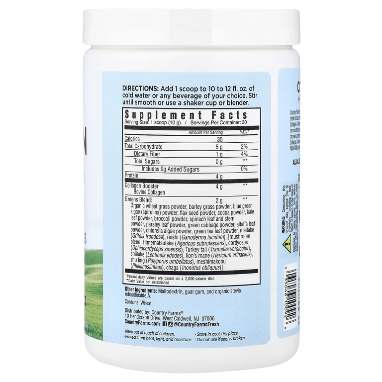 Country Farms, Коллаген и зелень, без ароматизаторов, 300 г (10,6 унции)
