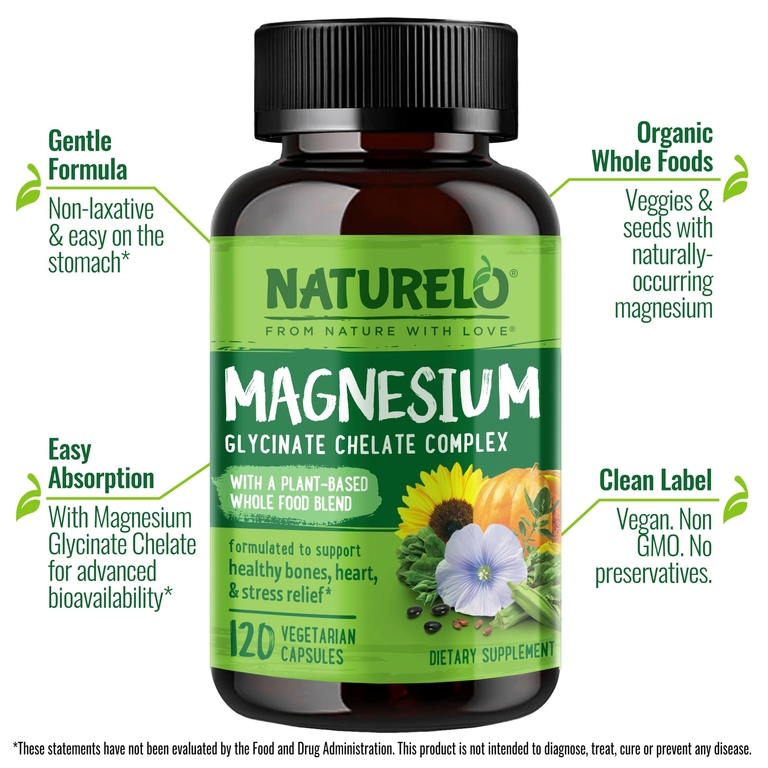 NATURELO, хелат глицината магния, 200 мг, 120 вегетарианских капсул