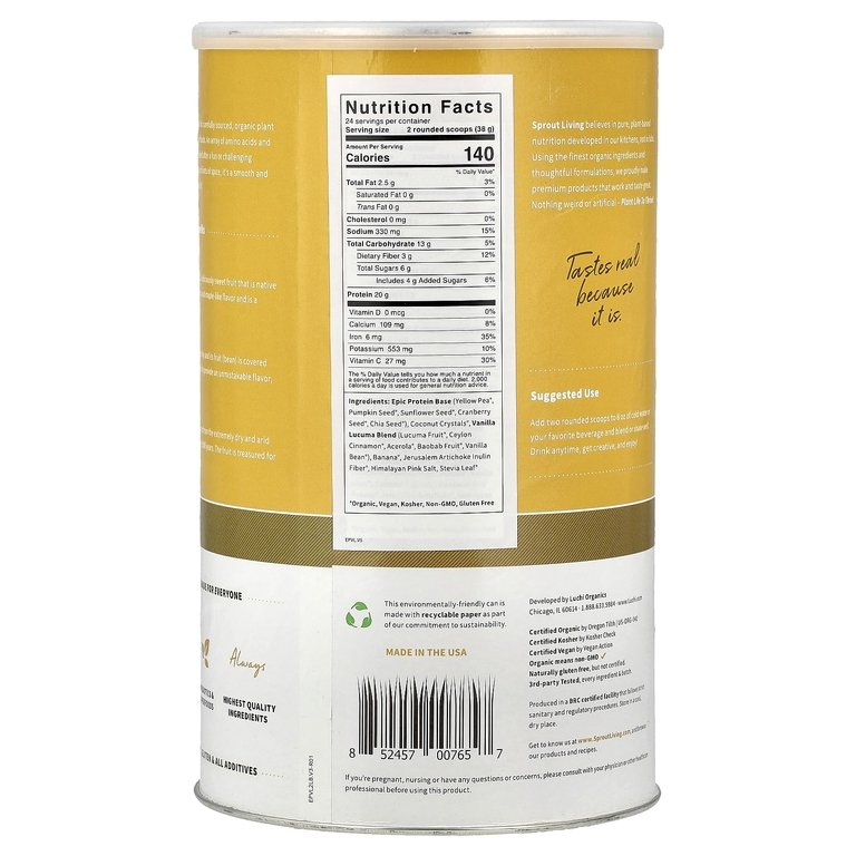 Sprout Living, Epic Protein®, органический растительный протеин и суперпродукты, ваниль и лукума, 912 г (2 фунта)