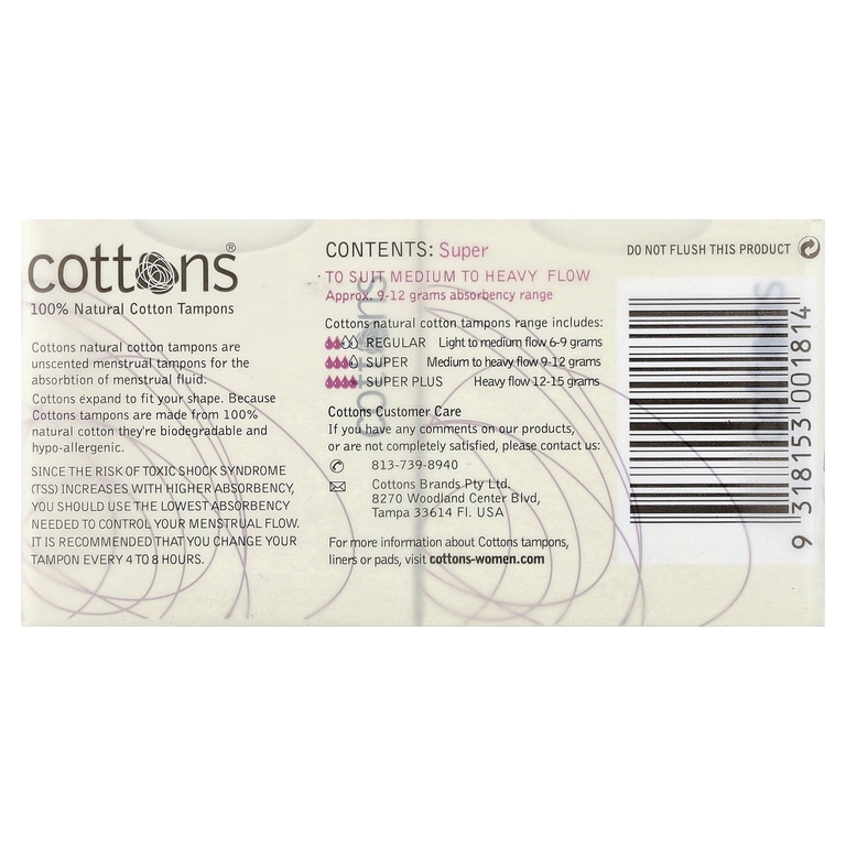 Cottons, Тампоны из 100% натурального хлопка, супер, без запаха, 16 тампонов (Товар снят с продажи) 