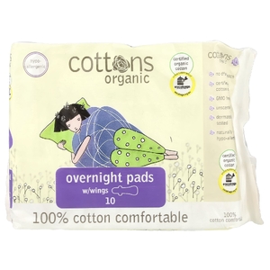 Cottons, Ночные прокладки с крылышками, покрывающий слой из 100% чистого хлопка, для большого объема выделений, 10 штук