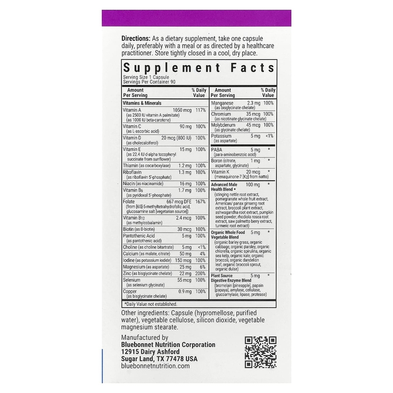 Bluebonnet Nutrition, ONE для мужчин, мультивитаминный комплекс на основе цельных продуктов, 90 растительных капсул