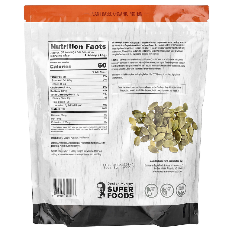Dr. Murray's, Superfoods, протеиновый порошок из органических тыквенных семечек, 908 г (2 фунта)