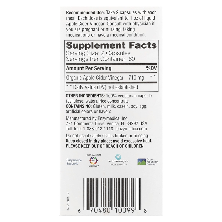 Enzymedica, яблочный уксус с уксусной маткой, 120 капсул (355 мг в 1 капсуле)