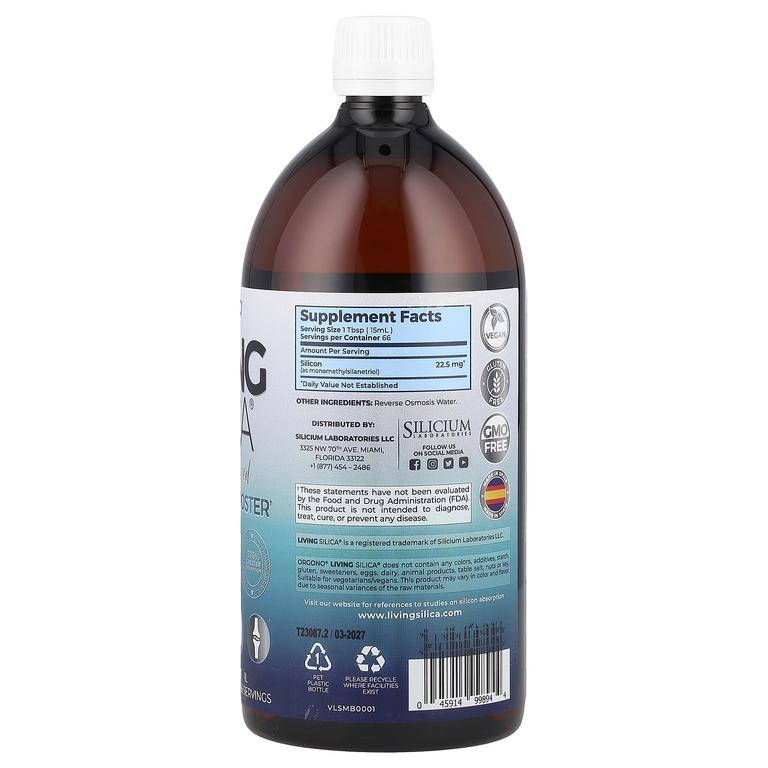 Silicium Laboratories, Orgono® Living Silica®, стимулятор выработки коллагена, 22,5 мг, 1 л (33,8 жидк. унции)
